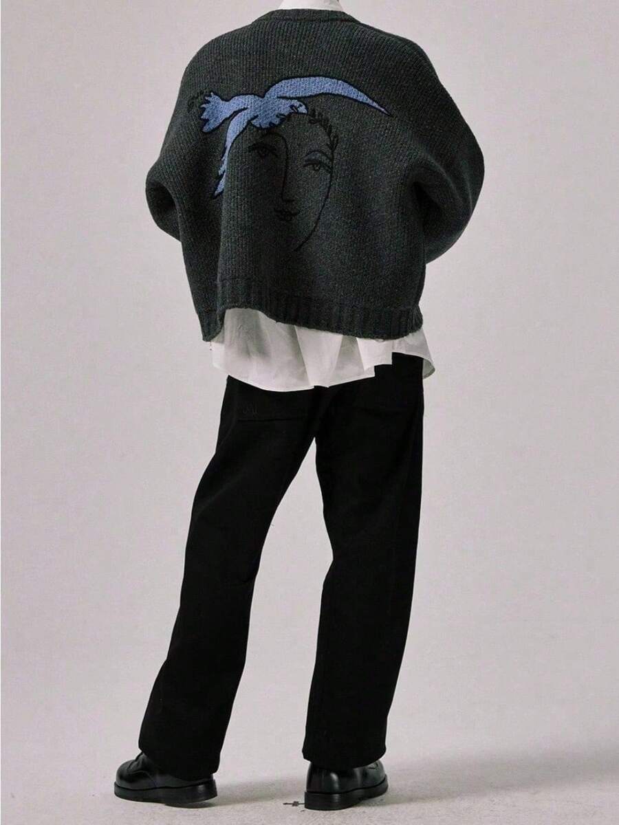 Cárdigan De Punto De Inspiración Retro Y Desenfada Con Patrones Lúdicos. Cárdigan De Punto De Cuello Redondo Y Solo Botón Para Mujer. Chaqueta De Suéter De Primavera/otoño. Top De Hombre. - Gris [Receta original de Terciopelo Ártico] - Ver 1
