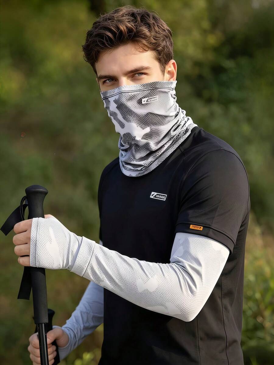 2 món (khẩu trang + ống tay áo) Găng tay hở ngón dáng rộng unisex, ống tay áo bằng lụa băng thoáng khí thích hợp cho lái xe, câu cá, mùa hè - Nhiều màu - Xem 1