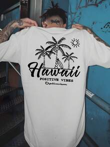 Hawaiian Men's Loose-Fit-Shirt - Light Beige Round Neck Short Sleeve, With Tropical Tree Pattern And Hawaiian Positive Energy Optimism Print On Back - Comfortable-Shirt Summer Casual Basketball, Gym, And Beach Wear, Large Size - 白色 - 查看 2