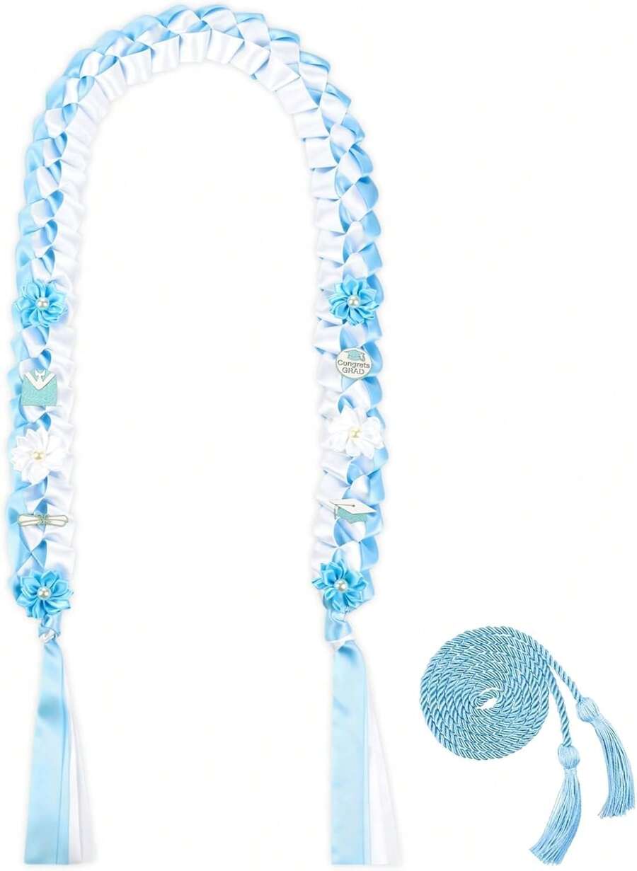 Light Blue Graduation Lei 2026 - Handmade Braided Ribbon Honor Cord Necklace For High School & College Graduating Students, Perfect Graduation Party Accessory & Gift - Light Blue - 查看 1