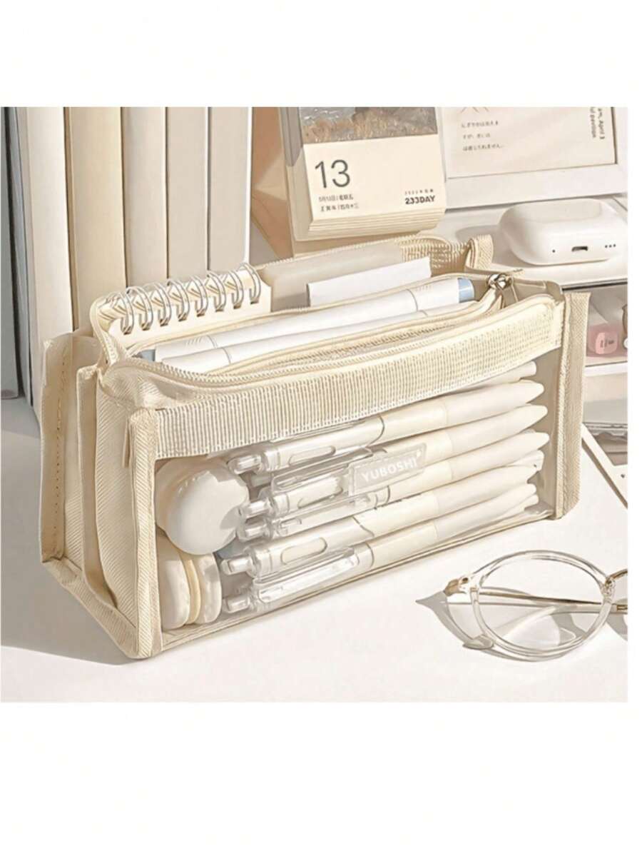 Hộp bút trong suốt, túi đựng văn phòng phẩm 3 lớp tối giản, phù hợp đựng đồ dùng học tập, phong cách Ins.