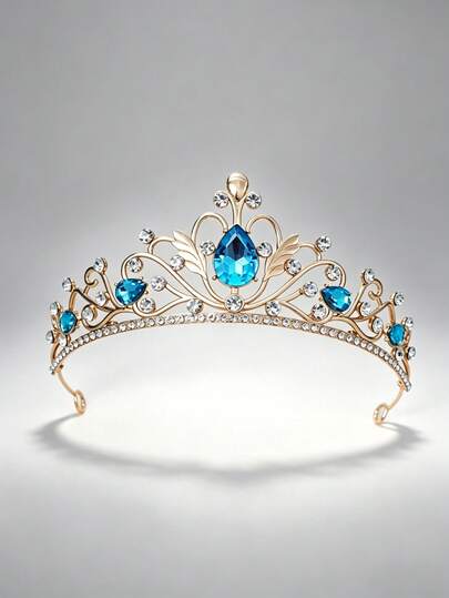 1pc Elegant Gold Tone Blue Crystal Tiara, Vintage Rhinestone Princess Crown Headband For Bridal Wedding Prom Birthday Party Hair Accessories