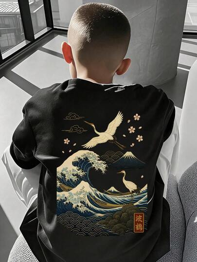 1pc Boys' Summer New Vintage Black Rose Print Short Sleeve T-Shirt, American Retro Washed Distressed Gothic Rose Letter Graphic, Loose Oversized Round Neck, Street Style Essential