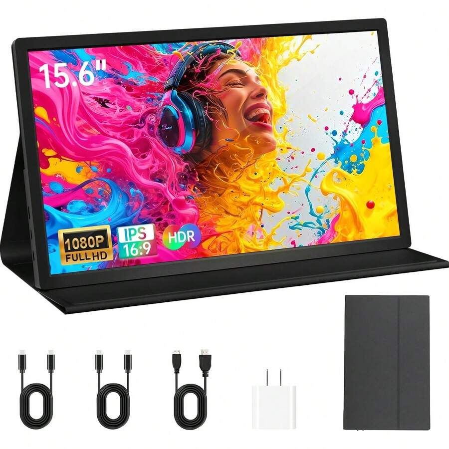 Monitor Portátil, 15.6 Pulgadas Ultradelgado Monitor Portatil Resistente, Altavoces Dual, 100% sRGB Pantalla FHD 1080P IPS,  y Tipo-C, para , /5, Macbook PC, Switch, Teléfono, Teletrabajo - Ver 1
