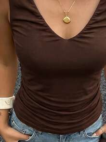 Women's V-Neck Sleeveless Camisole, Made Of High-Elasticity Fabric, Regular Length, Casual Daily Wear - Coffee Brown - View 5