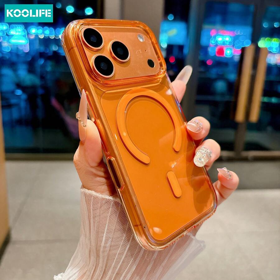 Koolife 橙色透明磁吸手机壳，单件装，大摄像头镜头保护，防震，兼容 MagSafe，适合女性作为礼物，适用于 Apple 17/17 Pro/17 Pro Max