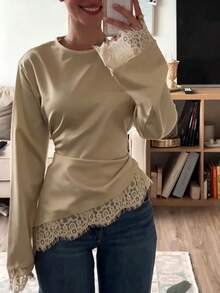 Nouveau T-shirt à manches longues avec patchwork en dentelle, convient pour les rendez-vous, les vacances et le port quotidien au printemps/été - couleur abricot foncé - Voir 13
