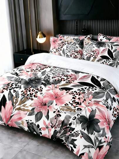 3Pcs Pink Floral & Leopard Print Duvet Cover Pillow Cover Pattern Is Random Duvet Cover Set (1 Duvet Cover + 2 Pillowcase Without Pillow Insert), Bedding Set, Soft Warm And Cozy Bedding Set For Bedroom, Guest Room, Dormitory Decoration Set Rose Plant Print Soft Skin-Friendly Luxury Bedding