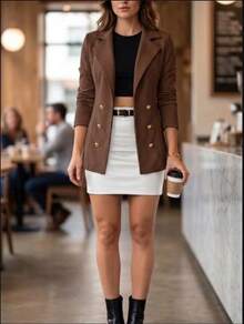Women's Maxi Blazer, Elegant Neoprene Dress Jacket With Buttons, Long-Sleeved Neoprene Sweater - 鏽棕色 - 查看 2
