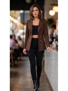 Women's Maxi Blazer, Elegant Neoprene Dress Jacket With Buttons, Long-Sleeved Neoprene Sweater - 鏽棕色 - 查看 3