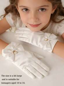 Satin Bow Elastic Short Bridal Gloves, Simple Solid White Color, Princess Style (Suitable For 10-14Y) - Multicolor - View 2