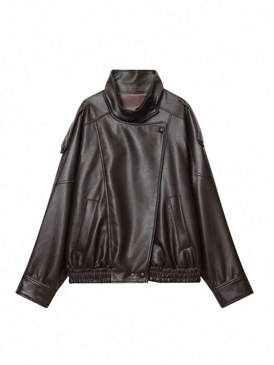 Seelio Autumn/Winter New Arrival Women's Fashion Minimalist Versatile Embossed Leather Jacket, European And American Style - Brown F - View 1