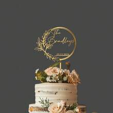 1pc Customized Wedding Cake Topper, Heart-Shaped Acrylic Cake Decoration Board With Personalized Name And Date, Fashionable Floral Wreath Wedding Cake Decor, Golden Boho Style, Customized Surname And Date, Multi-Color Options - F-wreath Wedding Cake Holder Label - View 6