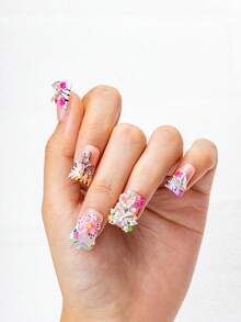 Handmade Press On Nails Sweet Y2K Pink Butterfly Flower Rhinestone Design Short Duck Nails Cute Girly Statement Nails For Party Date - Follow Your Heart - Xem 2