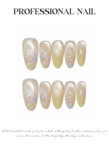 10pcs Spring Floral Handmade Press On Nails, Nude Cat Eye Nails Pastel 3D Flower Fake Nails, Medium Oval Nails Perfect For Summer & Daily Wear, With Jelly Glue And Nail File, DIY Nail Art Supplies - Champagne - View 9