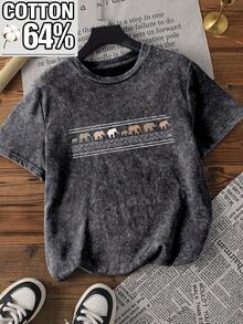Áo thun cotton dáng rộng, cổ tròn, tay ngắn, chất liệu denim bạc màu, in hình voi vintage ngộ nghĩnh, phù hợp cho mọi mùa, màu đen mùa hè. - màu đen - Xem 1
