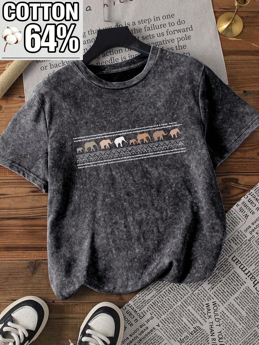 Áo thun cotton dáng rộng, cổ tròn, tay ngắn, chất liệu denim bạc màu, in hình voi vintage ngộ nghĩnh, phù hợp cho mọi mùa, màu đen mùa hè. - màu đen - Xem 1