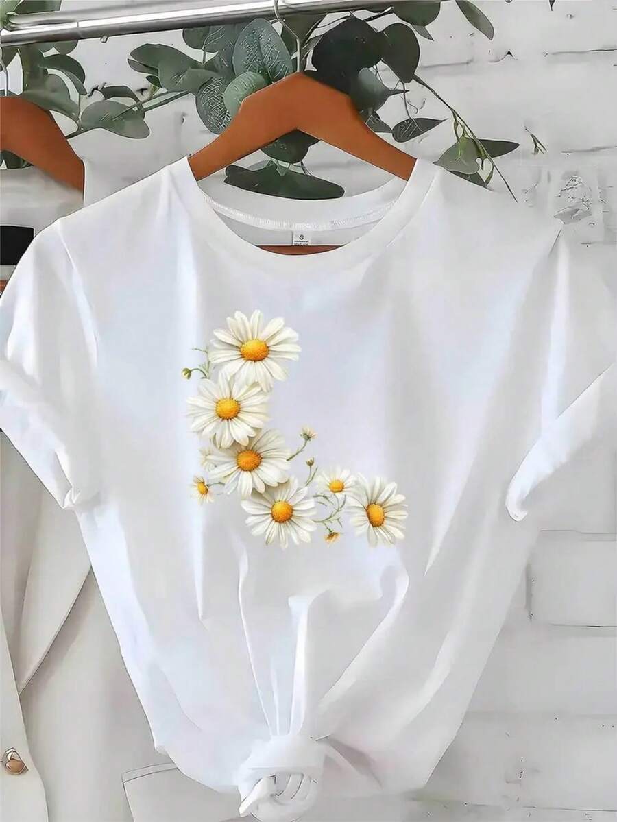 Relaxed‑Fit Daily Top - Soft Casual Wear Tee With White Daisy Cluster Floral Graphic, Machine Washable Daily & Holiday Outfits - Perfect Birthday Gift For Nature‑Loving & Soft‑Style Lovers & Women, Stylish Apparel, Fresh Gentle Design, Skin‑Friendly Fabric, Summer Must‑Have Fashion Piece - trắng - Xem 1