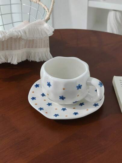 Cabin Kangaroo 1set Cute Irregular Blue Flower Ceramic Coffee Mug With Saucer, Handmade Aesthetic Floral Tea Cup, Vintage Polka Dot Milk Mug For Latte, Breakfast, Gift For Her, Kitchen Tableware