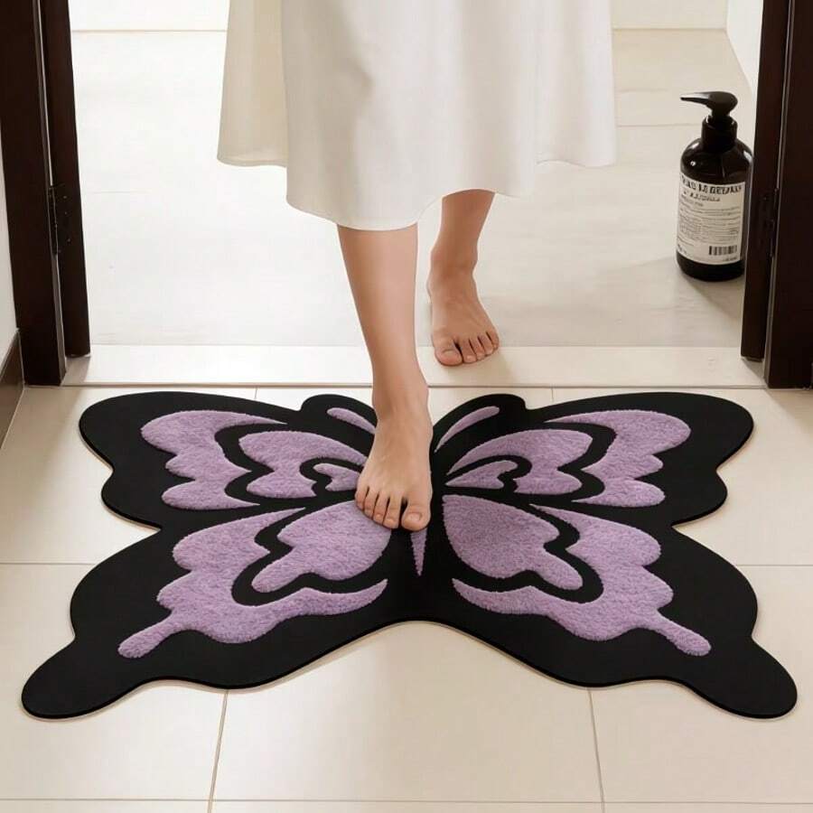 1pc Cartoon Purple Butterfly Contrast Color Combination, Dynamic Butterfly Design Creates Romantic And Unique Atmosphere, Suitable For Foyer, Bedside, Wardrobe And Other Scenes, Multiple Sizes Available, Decorative Carpet, Bedroom Decor, Small Rug, Carpet, Home Decor, Living Room Carpet, Small Living Room Carpet, Bedroom Carpet, Living Room Home Decor, Outdoor Carpet, Washable Carpet, Irregular Size, 1-5cm Trimming Error Allowed - A - View 1