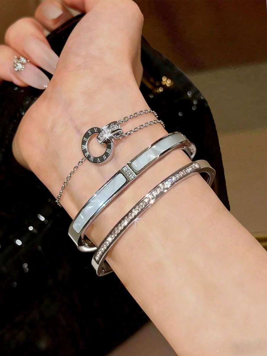 3 / 1 Piece New High-Quality Roman Numeral Zirconia Stainless Steel Women's Bracelet, Bangle, Women's Jewelry Set, Women's Accessory Set, Women's Bracelet Set, Suitable For Girls' Slender Wrists, Stackable, Lightweight And Luxurious, Uniquely Delicate, Adorned With Rhinestones, Fashionable Design, Versatile Colors, Durable, Fade-Resistant, A Perfect Choice For Daily Wear By Women. - Silver - View 1