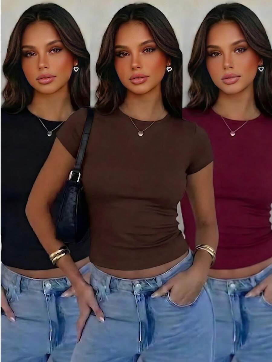 Women's Solid Color Round Neck Casual Versatile Daily Wear Short Sleeve T-Shirt - Multicolor - View 1