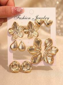 1/5 Pairs Of Fashionable Golden Smooth Egg Flower, Leaf, Teardrop, Round Wrap, Heart-Shaped Earring Set, Suitable For Women's Daily Wear, Is The Best Gift For Family And Friends (Lightweight CCB Plastic Material) - Gold - View 1
