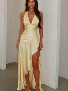 BB-2026 Hot Selling-SUNSTORY Women's Spring/Summer French Elegant Satin Luxury Sexy V-Neck Waist Fit Red Long Dress, Suitable For Banquet, Wedding Guest, Elegant Party, Date, Graduation Ceremony, Evening Gown/ - 黃色 - 查看 12