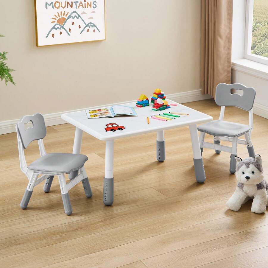 Toddler Table And 2 Chairs Set, Height Adjustable Kids Table And Chair Set, 31.5''L X 23.6''W, Marble Pattern & Graffiti Desktop, Children Multi-Activity Table For Home/Daycare/Classroom - Xám - Xem 1