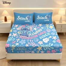 Disney 3Pcs Playful Stitch Fun In The Sun Quote Fitted Sheet And 2 Pillowcases Fresh Light Blue Summer Beach Room Bedding - Fitted Sheet Set - View 6