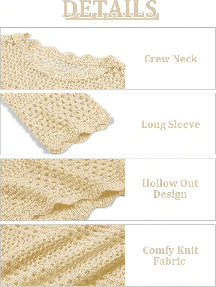 Girls Crochet Long Sleeve Swimsuit Cover Up Kids Fashion Hollow Out Swimwear Beach Dress 5-14 Years - 卡其色 - 查看 1