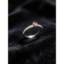 Stainless Steel Silver Solitaire/Stacking Ring With Colored Zirconia Stone, 4mm, For Graduation Or Debutante Parties. - Pink - View 2
