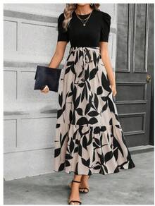 Women's Printed Maxi Dress Short Puff Sleeve Crew Neck Tie Waist Casual Long Dress For Daily Wear Party - 黑色 - 查看 7