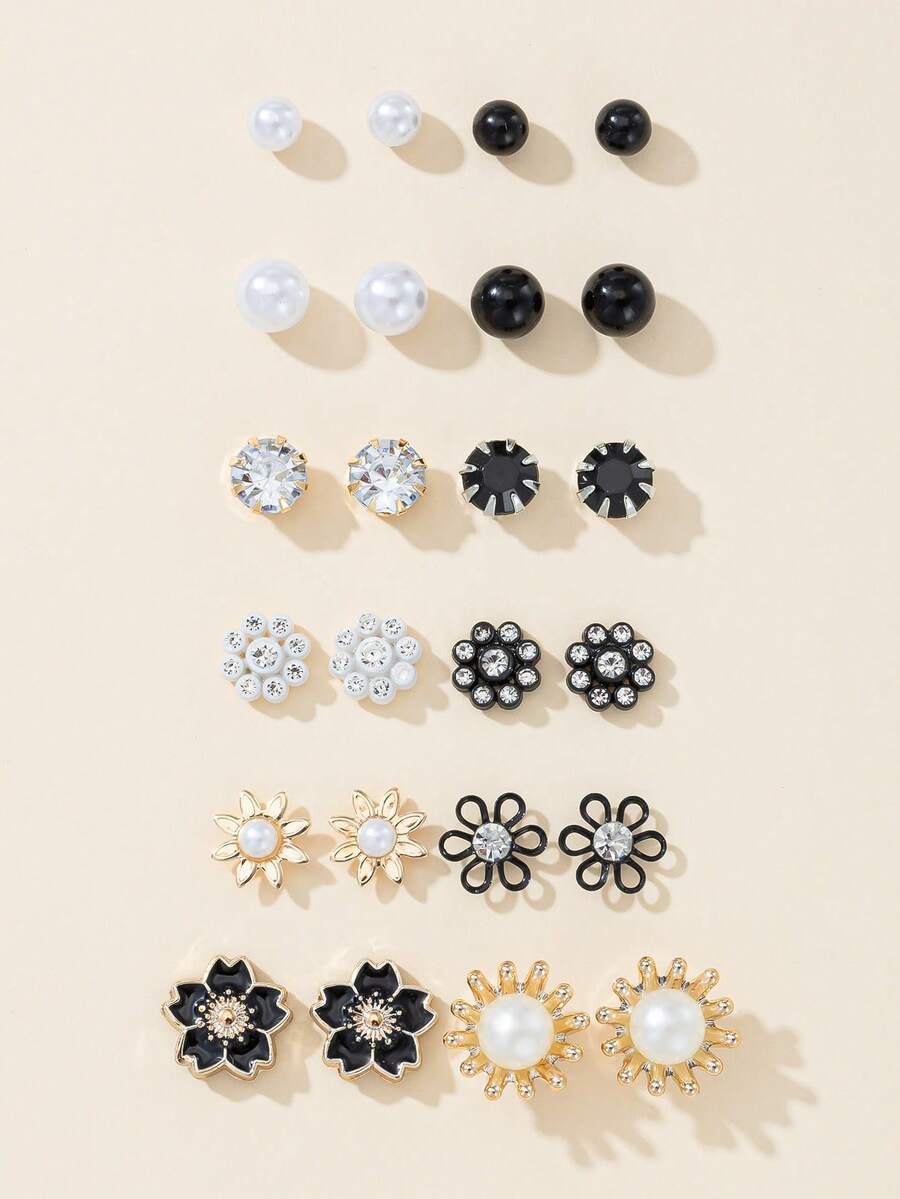 12 Pairs Elegant Minimalist Flower & Ball Stud Earrings Set, Suitable For Party, Gathering, Outdoor Wear - Multicolor - View 1