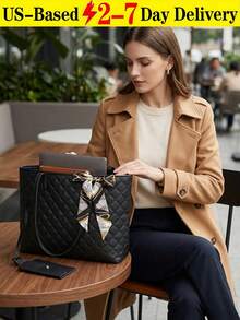 Versatile Quilted Tote Bag With Matching ID Card Holder And Stylish Scarf Accent To Carry All Essentials Scratch-Proof Laptop Shoulder Bag For Stylish Working Professionals Heavy-Duty Work Handbag To Hold Electronics During Travel And Subway Commutes PU Leather Purse Women's Bags Tote Bags - 彩色 - 查看 13