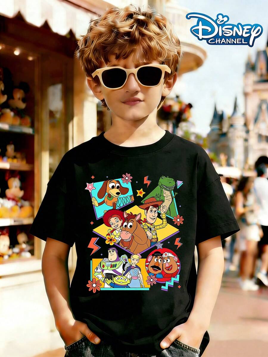 Disney Toy Story Squad Retro Summer Graphic Tee, Perfect For Cool Boys. Teen Boy Gift,Comfortable And Breathable Children's Short-Sleeved T-Shirt. 180g Pure Cotton Children's Clothes,Suitable For Both Boys And Girls.Suitable For Daily Wear, Vacations, Outdoor Activities, And As A Children's Gift. - màu đen - Xem 1