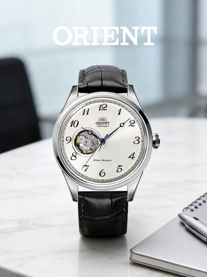 Orient 男士自动机械腕表，银色镂空表盘，白色阿拉伯数字时标，蓝钢指针，黑色皮表带，自动上链 | 经典绅士正装腕表 | 男士商务结婚礼物