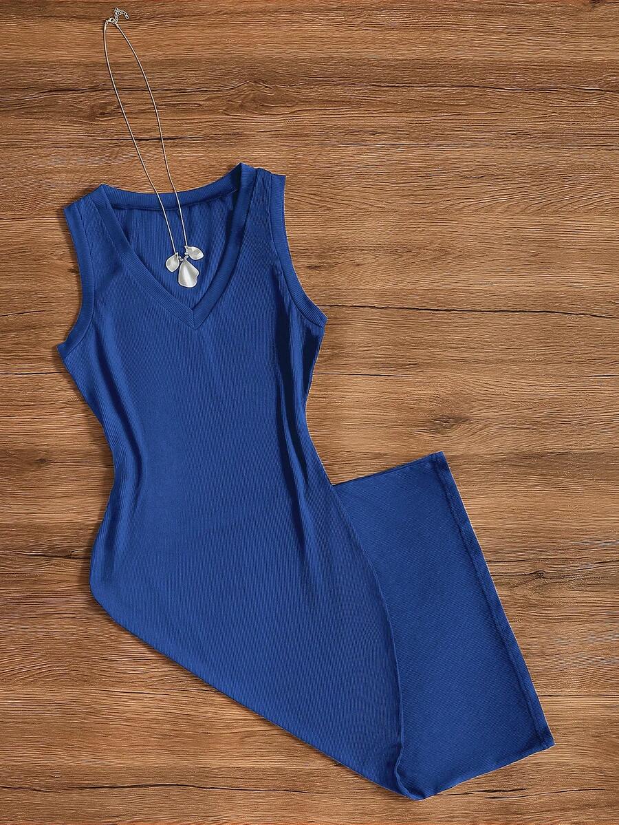 Women's Solid Color Elegant Casual Knit Fabric Split Bodycon Dress, Suitable For Vacation, Wedding, Birthday Party, Date, Spring/Summer - Blue - View 1