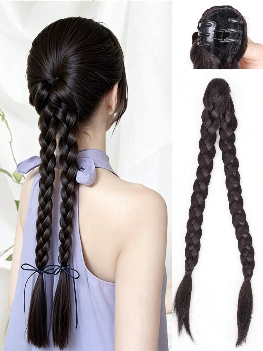 20-Inch Small Clip-On Double Braided Ponytail, Brown-Black Ponytail Hair Extensions To Increase Hair Volume And Lengthen Hair, Suitable For Everyday Wear And Party Outfits, Synthetic Fiber Wig.