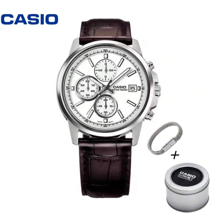 Casio MTH-5001L-7A Business Men's Watch, Chronograph Stopwatch Leather Strap 30m Waterproof Quartz Wristwatch - one-size - View 1