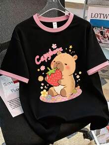 2件套女童水豚印花圆领T恤短裤套装，舒适简约设计，适合春夏穿着 - 彩色 - 查看 4