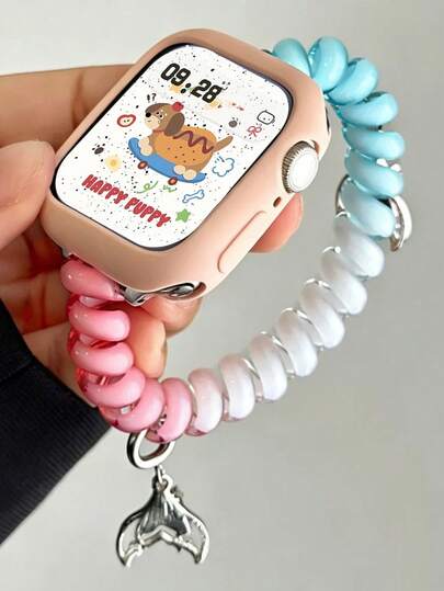 2pcs Y2k Summer Cute Bear Donut Fishtail Pendant Gradual Change Elastic Band + Watch Case Compatible With Apple Watch Band Series S11 10 9 8 7 6 5 4 SE S10 42mm 46mm 38 40 41mm 42 44 45mm 49mm Kawaii Girl Strap Gift For Girls