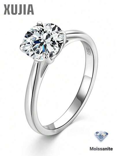 XUJIA 1 pieza Anillo de compromiso de moissanita redonda de 2.0 quilates, 100% plata de ley 925, ancho de banda de 8 mm, color D-E, claridad VVS1, anillo de aniversario solitario, regalo de joyería para ella