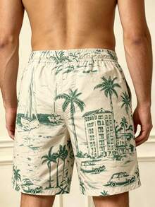Men's Loose Drawstring Waist Beach Shorts, Summer Swim Trunks - Beige - View 2