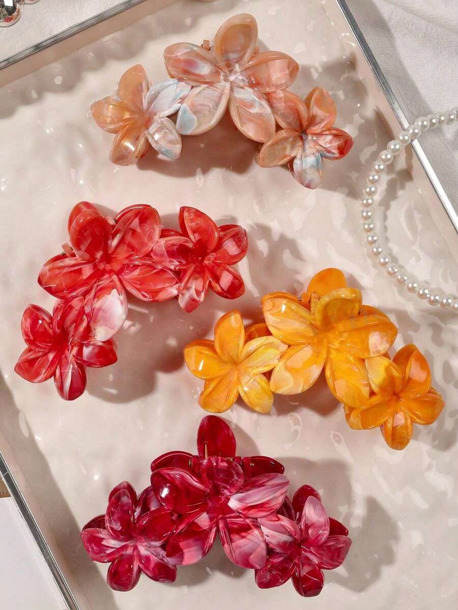 1个随机ABS材质春夏枫叶橙渐变优雅大理石纹理雏菊组合发爪夹，波西米亚海滩度假风发饰 - 彩色 - 查看 1