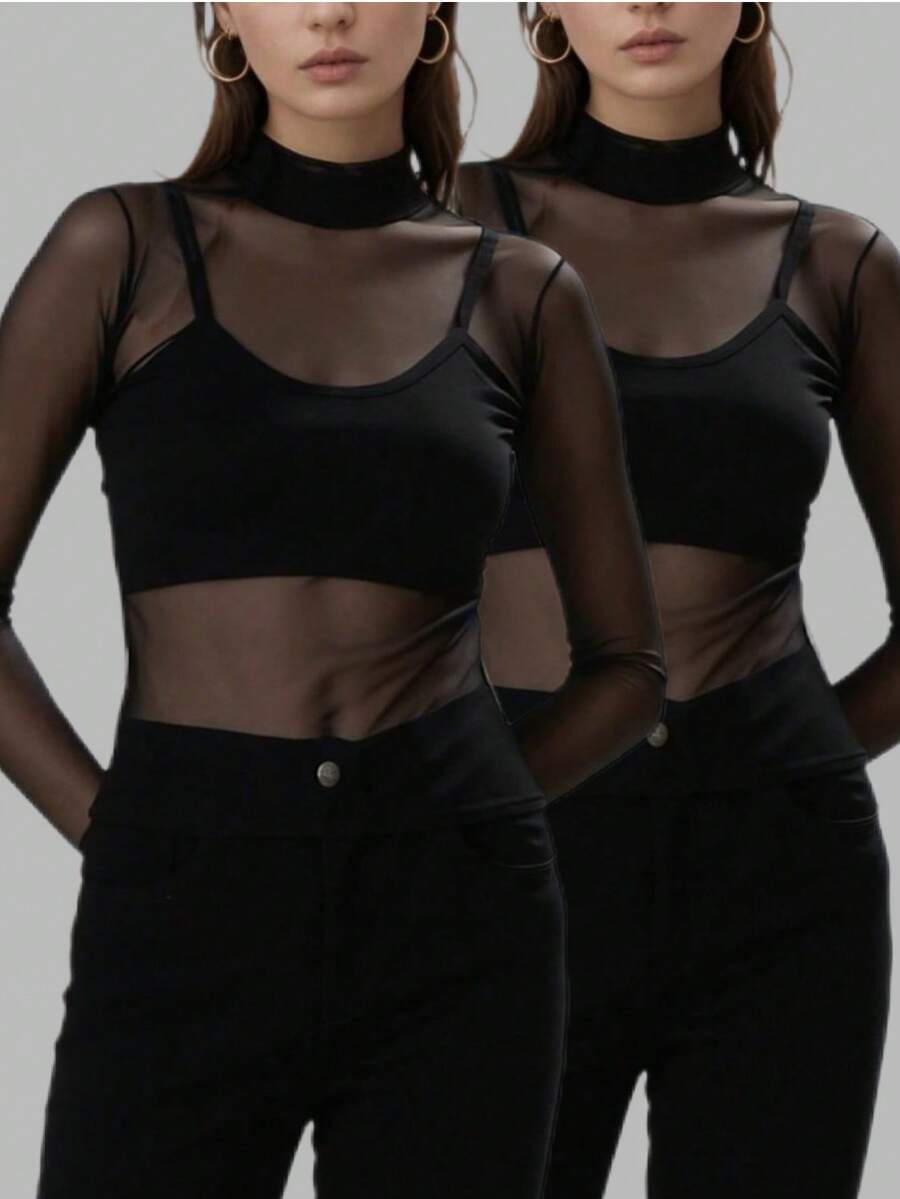 Mock Collar Tulle Blouse With Long Sleeves, Transparent Knit Fabric, No Bra. - KIT2 preta+preta - 查看 1
