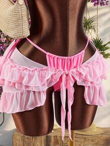 3pcs Women's Swimwear Set With 3D Floral Cups, Butterfly Orchid Cups Paired With Solid Color Lining And Ruffle Hem Cover-Up With Front Tie Beach Vacation Outfits For Women - Hồng - Xem 7