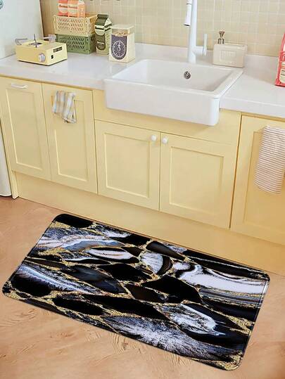 1pc Blue & Black Marble Pattern Kitchen Mat, Flannel Rectangle Decorative Floor Rug, Soft Washable Entryway Doormat, Suitable For Living Room, Bedroom, Study, Game Room, Classroom And Indoor/Outdoor Decor, Holiday Gift