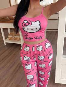 SANRIO Girl Heart Hello Kitty Print Camisole + Long Pants Loungewear Set, Soft And Stretchy Fabric, Comfortable Two Pieces Set Suitable For Home Sleep / Casual Relaxation / Light Outings - Hot Pink - View 5
