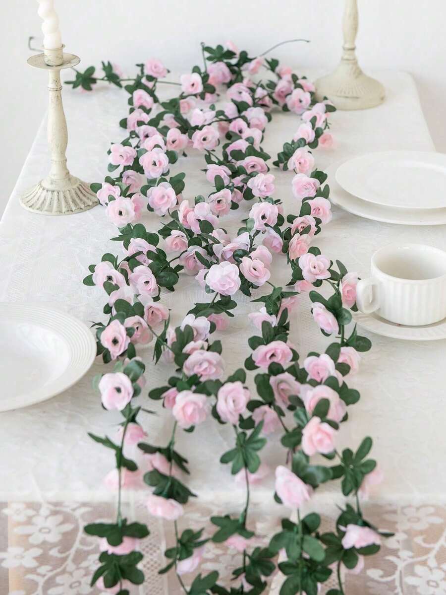 1pc Artificial Rose Vine Decor, Suitable For Wedding Venue, Home Bedroom Living Room Bathroom Wall Hanging, Outdoor Garden School Birthday Party Valentine's Day New Year Wedding Floral Tabletop Decoration, Artificial Flowers - Pink - View 1